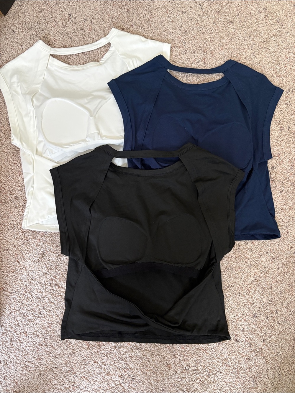 3pcs Cap Sleeve Tank Tops - Black, Navy, White, Open back, Built-in Bra, Summer